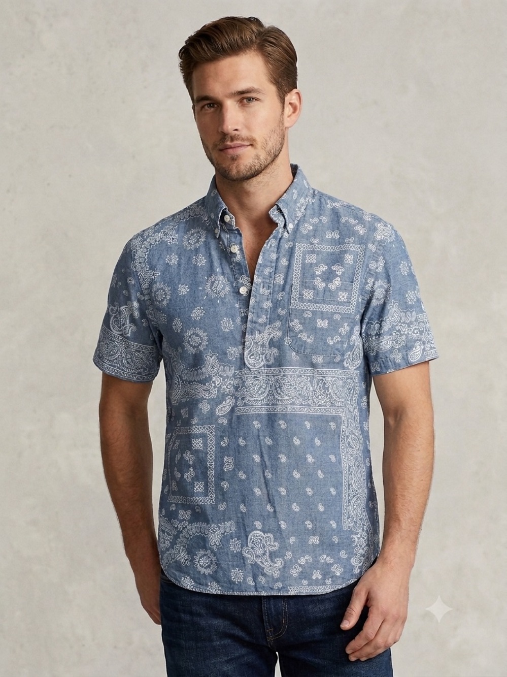 Ralph Lauren Indigo Paisley Bandana Print Short Sleeve Popover Shirt Mens Medium